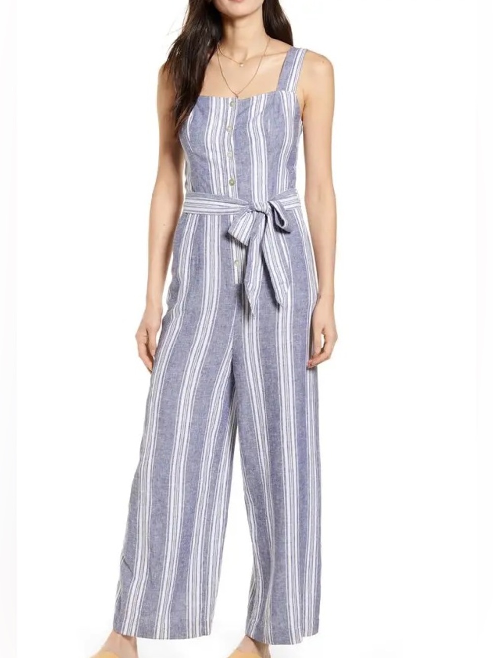 Rails Striped Blue Linen-Blend Jumpsuit with Tie Waist